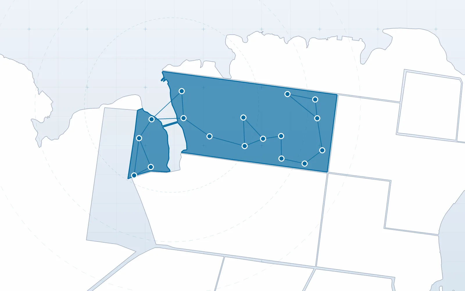 Composición cartográfica ilustrativa: límites de la delegación Villa Cabello y de las delegaciones vecinas de Posadas, con nodos abstractos.